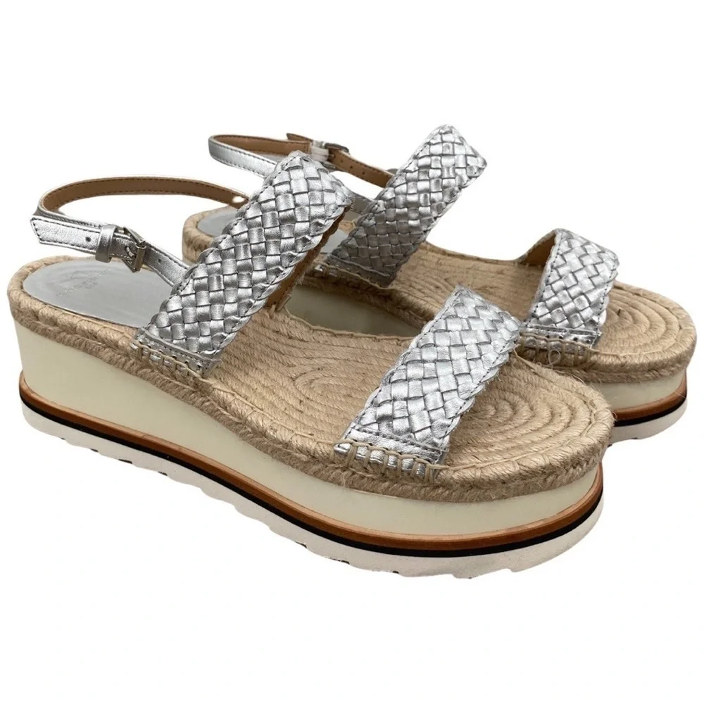 Marc Fisher Espadrille Platform Silver & Tan Sandals Size 9.5